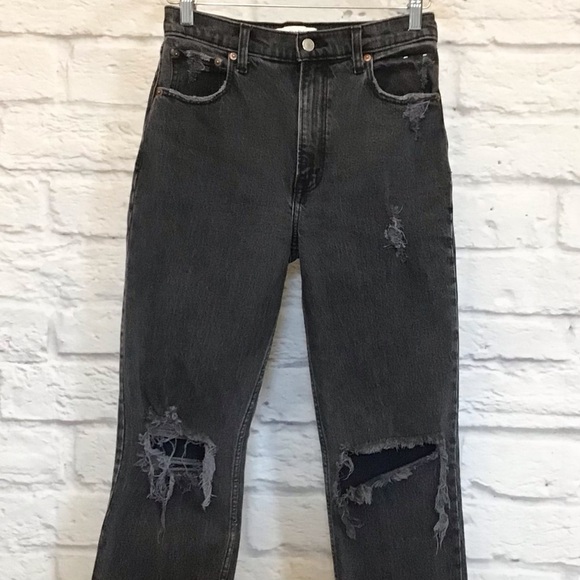 Abercrombie Fitch 4 (27) The 90s Straight High Rise Women’s Jeans Black Distress - Picture 5 of 11